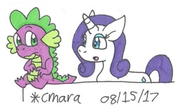 Size: 571x350 | Tagged: safe, artist:cmara, rarity, spike, dragon, pony, unicorn, draw, female, male, shipping, sparity, straight, traditional art