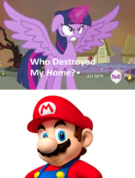 Size: 425x562 | Tagged: safe, derpibooru import, twilight sparkle, twilight sparkle (alicorn), alicorn, pony, exploitable meme, female, hub logo, mare, mario, meme, super mario bros., who destroyed twilight's home