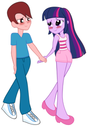 Size: 779x1025 | Tagged: safe, artist:pinkiespartygirl, derpibooru import, twilight sparkle, oc, oc:andres vargas, equestria girls, blushing, canon x oc, female, holding hands, male, self insert, straight