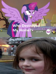 Size: 424x562 | Tagged: safe, derpibooru import, twilight sparkle, twilight sparkle (alicorn), alicorn, pony, disaster girl, exploitable meme, female, mare, meme, who destroyed twilight's home