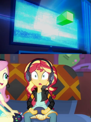 Size: 405x544 | Tagged: safe, edit, edited screencap, screencap, fluttershy, sunset shimmer, better together, equestria girls, game stream, clothes, controller, cropped, gamershy, glitch techs, headphones, looking at you, netflix, nickelodeon, poster, sofa, sunset gamer, video game