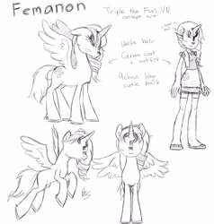 Size: 3000x3150 | Tagged: safe, artist:buttercupsaiyan, oc, oc:femanon, alicorn, human, pony, equestria girls, 4chan, alicorn oc, clothes, female, horn, horned humanization, humanized, mare, miniskirt, monochrome, sandals, shirt, skirt, smiling, socks, solo, thigh highs