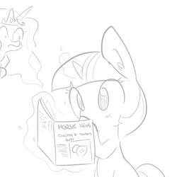 Size: 1280x1280 | Tagged: safe, artist:tjpones, princess celestia, twilight sparkle, alicorn, pony, unicorn, blushing, duo, grayscale, implants, levitation, magazine, magic, monochrome, shrunken pupils, simple background, telekinesis, this will end in tears and/or a journey to the moon, white background