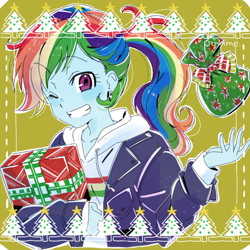 Size: 600x600 | Tagged: safe, artist:5mmumm5, derpibooru import, part of a set, rainbow dash, equestria girls, alternate hairstyle, anime, bust, christmas, christmas tree, clothes, cute, dashabetes, ear piercing, earring, female, holiday, hoodie, jewelry, looking at you, one eye closed, piercing, ponytail, present, smiling, solo, tree, wink