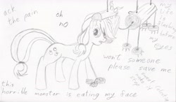 Size: 5699x3336 | Tagged: safe, artist:coltboy, applejack, earth pony, pony, spike at your service, lineart, monochrome, pencil drawing, solo, timber wolf puppet, traditional art