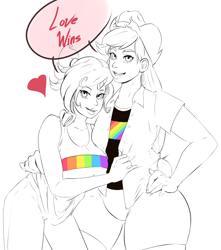 Size: 1158x1307 | Tagged: safe, artist:sundown, applejack, rarity, human, applebucking thighs, cute, female, gay pride, gay pride flag, horned humanization, humanized, jacqueline applebuck, juliette d'rarie, lesbian, lovewins, pride, rainbow, rarijack, shipping