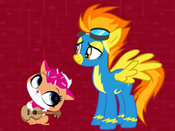 Size: 800x600 | Tagged: artist needed, safe, derpibooru import, edit, spitfire, pegasus, pony, clothes, crossover, duo, guitar, kelly metzger, littlest pet shop, red background, simple background, sugar sprinkles, uniform, voice actor joke, wonderbolts uniform