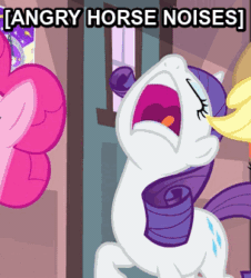 Size: 304x336 | Tagged: safe, screencap, applejack, pinkie pie, rarity, earth pony, pony, unicorn, three's a crowd, angry, angry horse noises, animated, descriptive noise, eyes closed, female, frown, horse noises, horses doing horse things, image macro, mare, marshmelodrama, meme, open mouth, raised hoof, screaming, solo focus, tongue out, volumetric mouth
