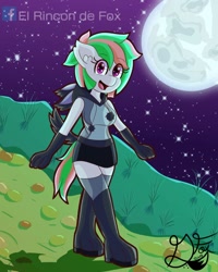 Size: 800x1000 | Tagged: safe, artist:thedamneddarklyfox, oc, oc:happy hearth, anthro, pony, boots, breasts, clothes, cute, full moon, gloves, high heel boots, hoodie, looking at you, miniskirt, moon, night, ocbetes, shoes, skirt, smiling at you, solo, stars, stockings, thigh boots, thigh highs