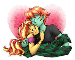 Size: 1821x1465 | Tagged: safe, artist:bevin brand, sunset shimmer, oc, oc:ruby sword, equestria girls, bedroom eyes, blushing, canon x oc, cuddling, female, male, official fan art, simple background, snuggling, straight, sunsword, transparent background