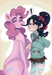 Size: 2100x3000 | Tagged: dead source, safe, artist:mili-kat, pinkie pie, earth pony, human, pony, biting, crossover, exclamation point, hair bite, nom, small head, vanellope von schweetz, wreck-it ralph