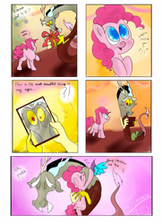 Size: 2480x3425 | Tagged: safe, artist:falloutmuse, discord, pinkie pie, earth pony, pony, christmas, comic, discopie, discordlove, female, hug, love, male, mirror, plot, present, shipping, straight