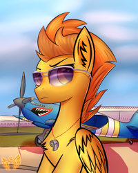 Size: 2400x3000 | Tagged: safe, artist:xeniusfms, derpibooru import, spitfire, pegasus, pony, female, mare, namesake, plane, pun, solo, sunglasses, supermarine spitfire, visual pun, whistle, wings