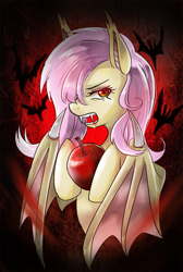 Size: 600x894 | Tagged: safe, artist:tzc, fluttershy, bat pony, pony, apple, flutterbat, food, solo