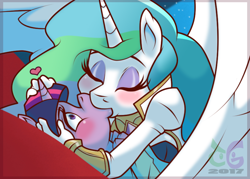 Size: 792x566 | Tagged: safe, artist:toongrowner, princess celestia, twilight sparkle, anthro, blushing, clothes, eyes closed, female, heart, kissing, lesbian, shipping, twilestia, uniform