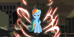 Size: 3203x1603 | Tagged: safe, derpibooru import, rainbow dash, pegasus, pony, infamous, lightning, looking at you, manehattan, ruins, serious, serious face, wallpaper