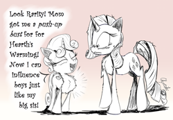 Size: 1969x1361 | Tagged: safe, artist:chopsticks, rarity, sweetie belle, pony, unicorn, black and white, blank flank, blushing, cheek fluff, chest fluff, concerned, cutie mark, dialogue, female, filly, funny, grayscale, horn, humor, mare, monochrome, raised hoof, simple background, sisters, sketch