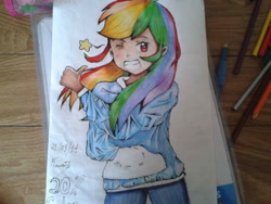 Size: 1280x960 | Tagged: safe, artist:カワイ-, derpibooru import, rainbow dash, human, 20% cooler, humanized, one eye closed, solo, stars, traditional art, wink