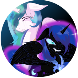 Size: 1280x1280 | Tagged: safe, artist:sakya-chan, artist:space-butterflies, nightmare moon, princess celestia, alicorn, pony, crying, duo, duo female, female, hair over one eye, mare