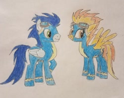 Size: 1024x809 | Tagged: safe, artist:amaryllisg, derpibooru import, soarin', spitfire, pony, clothes, duo, traditional art, uniform, wonderbolts uniform