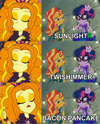 Size: 869x1080 | Tagged: safe, edit, edited screencap, editor:shyinka, screencap, adagio dazzle, sci-twi, sunset shimmer, twilight sparkle, better together, equestria girls, legend of everfree, sunset's backstage pass!, bacon hair, bacon pancakes, caption, drink, female, hotline bling, i'm pancake, lesbian, meme, scitwishimmer, shipping, sunsetsparkle