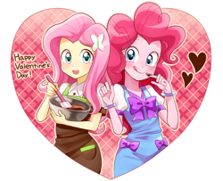 Size: 1570x1275 | Tagged: safe, artist:ryuu, fluttershy, pinkie pie, equestria girls, apron, bowl, bowtie, chocolate, clothes, cute, diapinkes, food, heart, mixing bowl, valentine's day