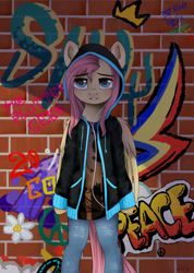 Size: 1334x1874 | Tagged: safe, artist:kaylemi, fluttershy, pegasus, pony, semi-anthro, arm hooves, bipedal, clothes, female, graffiti, hoodie, looking at you, solo