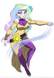 Size: 1961x2833 | Tagged: safe, artist:danmakuman, princess celestia, principal celestia, equestria girls, bodysuit, clothes, dress, magic, sash, simple background, solo, white background