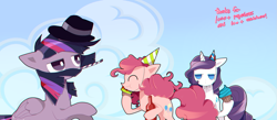 Size: 1531x665 | Tagged: safe, artist:cosmichat, derpibooru import, pinkie pie, rarity, twilight sparkle, twilight sparkle (alicorn), alicorn, earth pony, pony, unicorn, cupcake, female, hat, mare