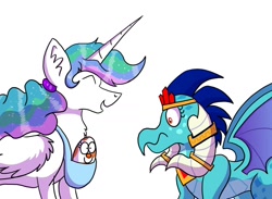 Size: 1024x750 | Tagged: safe, artist:numbuh-27, princess celestia, princess ember, alicorn, dragon, pony, chest fluff, crown, ear fluff, egg, emberlestia, eyes closed, female, frown, horn jewelry, jewelry, lesbian, magical lesbian spawn, mare, offspring, open mouth, regalia, shipping, simple background, smiling, spread wings, white background, wide eyes, wing fluff, wings