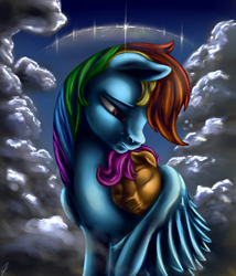 Size: 2142x2500 | Tagged: safe, artist:com3tfire, derpibooru import, rainbow dash, scootaloo, pegasus, pony, cloud, hug, scootalove