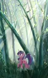 Size: 1200x1920 | Tagged: safe, artist:qweeli, derpibooru import, twilight sparkle, crepuscular rays, everfree forest, forest, raised hoof, solo