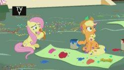 Size: 500x281 | Tagged: safe, screencap, applejack, fluttershy, earth pony, pegasus, pony, party pooped, animated, applejack's hat, balloon, banner, blowing, blowing up balloons, confetti, cowboy hat, cute, discovery family, discovery family logo, female, frown, hat, inflating, jackabetes, mare, messy, paint, paint in hair, paint on fur, puffy cheeks, red face, shyabetes, sitting, sweat, talking, wide eyes