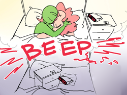 Size: 1000x750 | Tagged: safe, artist:nobody, edit, pinkie pie, oc, oc:anon, earth pony, pony, series:anon's alarm clock, alarm clock, bait and switch, bed, bedside stand, cuddling, dream, pillow, sleeping, snuggling, wat, what a twist