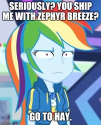 Size: 500x619 | Tagged: safe, derpibooru import, edit, edited screencap, screencap, rainbow dash, equestria girls, equestria girls series, holidays unwrapped, spoiler:eqg series (season 2), caption, cropped, faic, geode of super speed, image macro, implied zephyr breeze, magical geodes, meme, rainbow dash is best facemaker, rainbow dash is not amused, shipping denied, solo, special eyes, text, tiny pupils, unamused