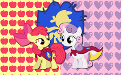 Size: 2560x1600 | Tagged: safe, artist:alicehumansacrifice0, artist:atomicgreymon, artist:solusjbj, derpibooru import, apple bloom, sweetie belle, female, lesbian, shipping, sweetiebloom, wallpaper