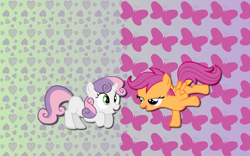 Size: 2560x1600 | Tagged: safe, artist:alicehumansacrifice0, artist:m99moron, artist:spaceponies, derpibooru import, scootaloo, sweetie belle, pegasus, pony, unicorn, abstract background, crouching, duo, female, filly, foal, lesbian, lidded eyes, scootabelle, shipping, wallpaper