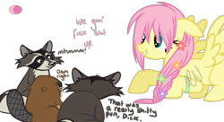 Size: 1280x696 | Tagged: safe, artist:midnightfponyartist, fluttershy, beaver, pegasus, pony, raccoon, alternate hairstyle, vulgar