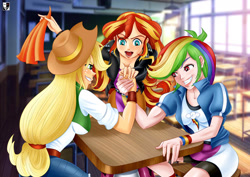 Size: 1414x1000 | Tagged: safe, artist:lord--opal, applejack, rainbow dash, sunset shimmer, human, equestria girls, arm wrestling, arms, belt, boots, breasts, bust, button up shirt, chair, classroom, clothes, collar, compression shorts, cowboy hat, denim skirt, desk, fingers, freckles, grin, hand, happy, hat, holding hands, human coloration, leather jacket, legs, lipstick, long hair, long sleeves, makeup, open mouth, open smiling, ponytail, school, shirt, short sleeves, shorts, sitting, skirt, smiling, stetson, sweatshirt, table, teenager, teeth, top, wristband