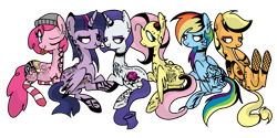Size: 1500x751 | Tagged: safe, artist:anyazen, artist:icey-wicey-1517, color edit, derpibooru import, edit, applejack, fluttershy, pinkie pie, rainbow dash, rarity, twilight sparkle, twilight sparkle (alicorn), alicorn, earth pony, pegasus, pony, unicorn, collaboration, :), alternate hairstyle, apple, beanie, bedroom eyes, butt, choker, clothes, colored, dyed mane, ear piercing, earring, eye clipping through hair, eyebrow piercing, eyeshadow, female, fishnets, flower, food, goth, hair dye, hat, heart, horn, horn ring, implied shipping, implied sparity, implied spike, implied straight, jewelry, makeup, mane six, mare, missing cutie mark, piercing, plot, punk, rose, simple background, snake bites, socks, striped socks, tattoo, tongue out, tongue piercing, transparent background, wall of tags