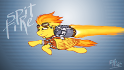 Size: 1931x1086 | Tagged: safe, artist:bigrigs, derpibooru exclusive, derpibooru import, spitfire, pegasus, pony, 16:9, clothes, female, fire, flying, goggles, harness, jacket, jet stream, jetpack, mare, solo, spitfiery, tack