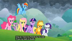 Size: 1920x1080 | Tagged: safe, derpibooru import, edit, edited screencap, screencap, applejack, fluttershy, pinkie pie, rainbow dash, rarity, spike, twilight sparkle, twilight sparkle (alicorn), alicorn, dragon, earth pony, pegasus, pony, unicorn, the ending of the end, braille, caption, mane seven, mane six, meme, winged spike, youtube caption