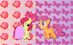 Size: 2560x1600 | Tagged: safe, artist:alicehumansacrifice0, artist:moongazeponies, artist:stinkehund, derpibooru import, apple bloom, scootaloo, female, lesbian, scootabloom, shipping, wallpaper