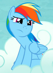 Size: 450x620 | Tagged: safe, derpibooru import, screencap, rainbow dash, pegasus, pony, tanks for the memories, cloud, cropped, frown, head tilt, rainbow dash is best facemaker, solo