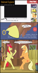 Size: 1500x2873 | Tagged: safe, artist:mighty-muffins, derpibooru import, apple bloom, applejack, rarity, scootaloo, spitfire, sweetie belle, earth pony, pony, unicorn, apple, baseball bat, bipedal, bow, comic, computer, dialogue, female, food, hair bow, hay bale, magnetic hooves, mare, older, older apple bloom, screen punch, sitting, standing, undersized clothes, wat