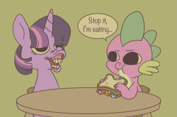 Size: 999x660 | Tagged: safe, artist:circustent, derpibooru import, spike, twilight sparkle, dragon, :t, chair, dialogue, duo, eating, faic, flehmen response, frown, gem, green background, hoers, horses doing horse things, mouth, open mouth, sandwich, simple background, smiling, speech bubble, table, teeth, unamused, wide eyes