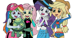 Size: 2440x1248 | Tagged: safe, artist:sab-hanna, derpibooru import, applejack, fluttershy, rainbow dash, rarity, turtle, aww... baby turtles, better together, equestria girls, scene interpretation, simple background, white background