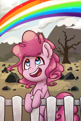 Size: 2000x3000 | Tagged: safe, artist:gumlball, pinkie pie, earth pony, pony, the cutie mark chronicles, cute, fence, filly, filly pinkie pie, happy, high res, leaning, rainbow, rock farm, smiling, solo, sonic rainboom