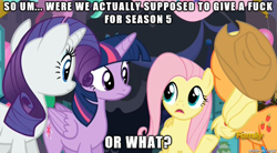 Size: 1000x551 | Tagged: safe, edit, edited screencap, screencap, applejack, fluttershy, rarity, twilight sparkle, twilight sparkle (alicorn), alicorn, earth pony, pegasus, pony, unicorn, party pooped, background pony strikes again, caption, female, image macro, mare, meme, mouthpiece, op is a cuck, op is trying to start shit, reaction image, vulgar