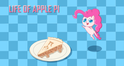 Size: 1810x961 | Tagged: safe, artist:chiptunebrony, pinkie pie, earth pony, pony, abstract background, adorkable, alphabet, apple, apple pie, apple slices, cute, dork, filling, food, greek, greek alphabet, pi, pi day, pie, plate, pounce, puppy dog eyes, smiling, wallpaper
